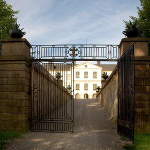 Öppen grind med Löfstad slott i bakgrunden